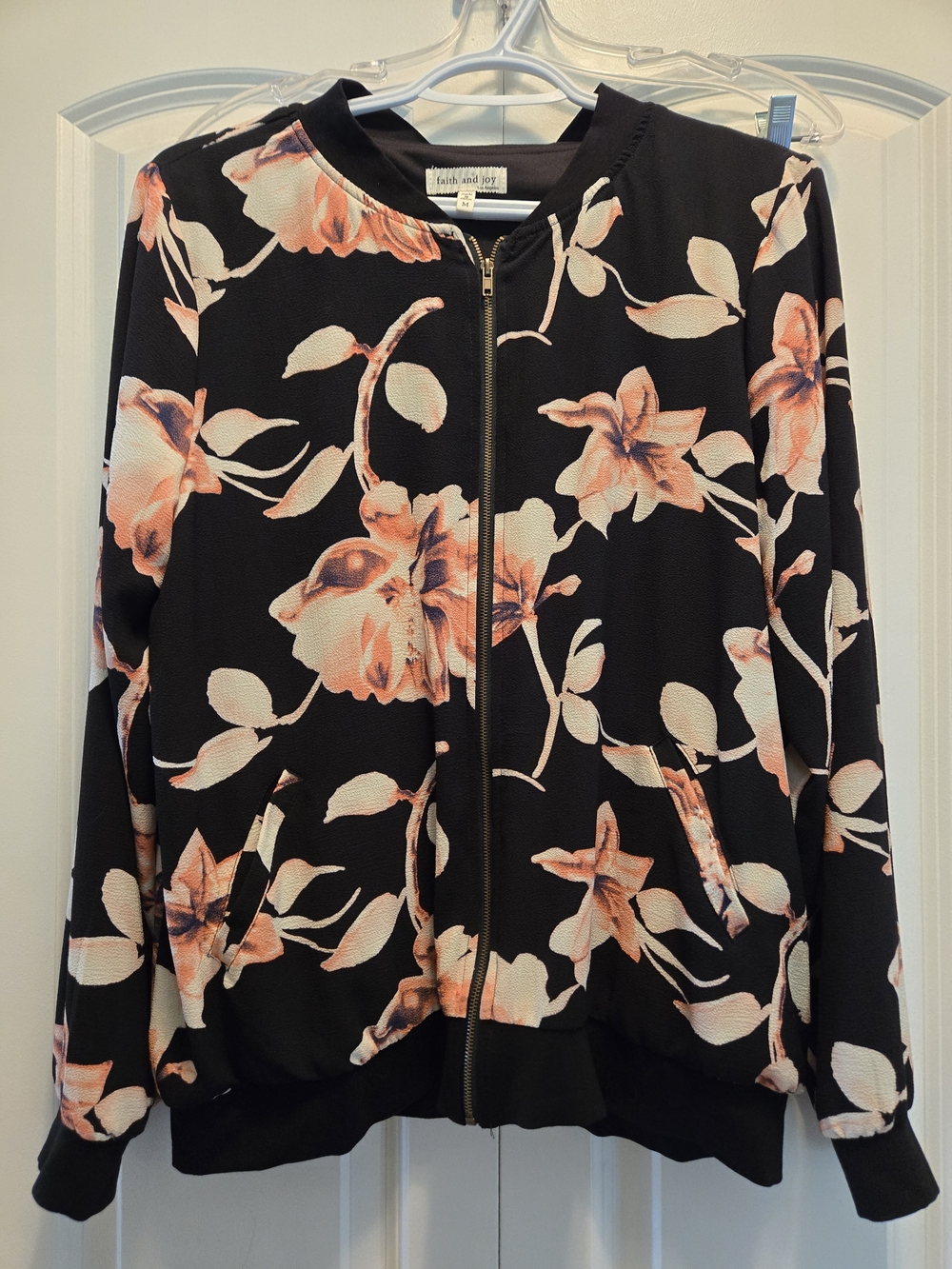 Faith and Joy Black Bomber Jacket with Peach Floral Print